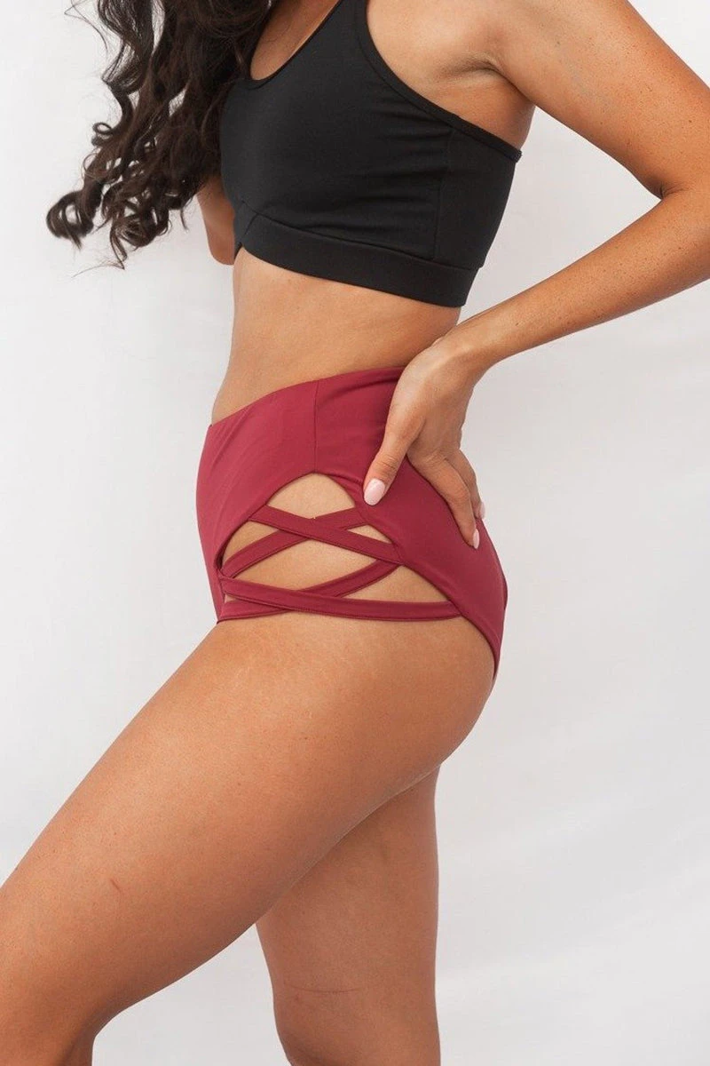 Lunalae High Waist Cross Section Shorts - Wine - Image 2