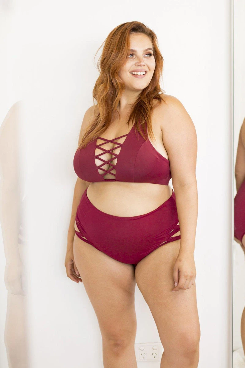 Lunalae High Waist Cross Section Shorts - Wine - Image 5