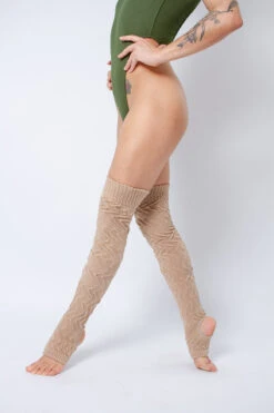 Rolling Cable Knit Thigh High Leg Warmers With Stirrups - Caramel (2 Sizes)