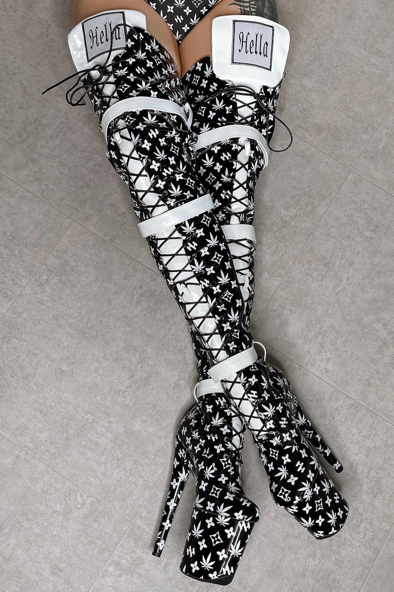 Hella Heels Branded Thigh High 8inch Boots - Black - Image 2