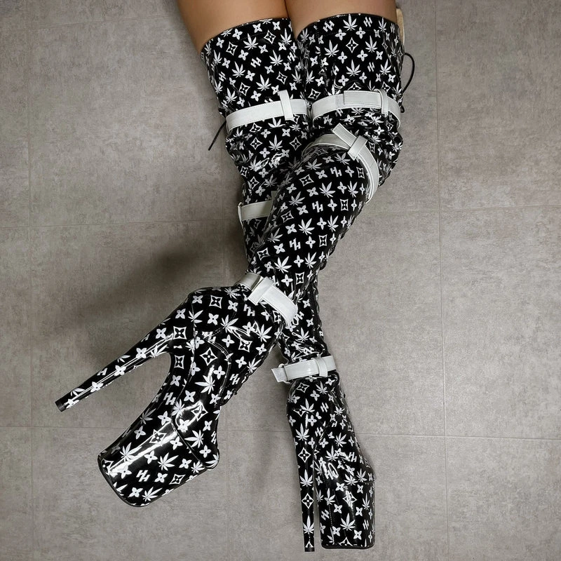 Hella Heels Branded Thigh High 8inch Boots - Black - Image 13