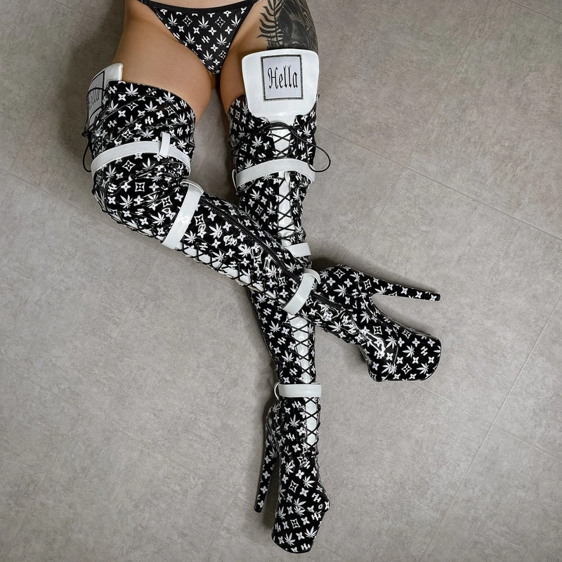 Hella Heels Branded Thigh High 8inch Boots - Black - Image 14