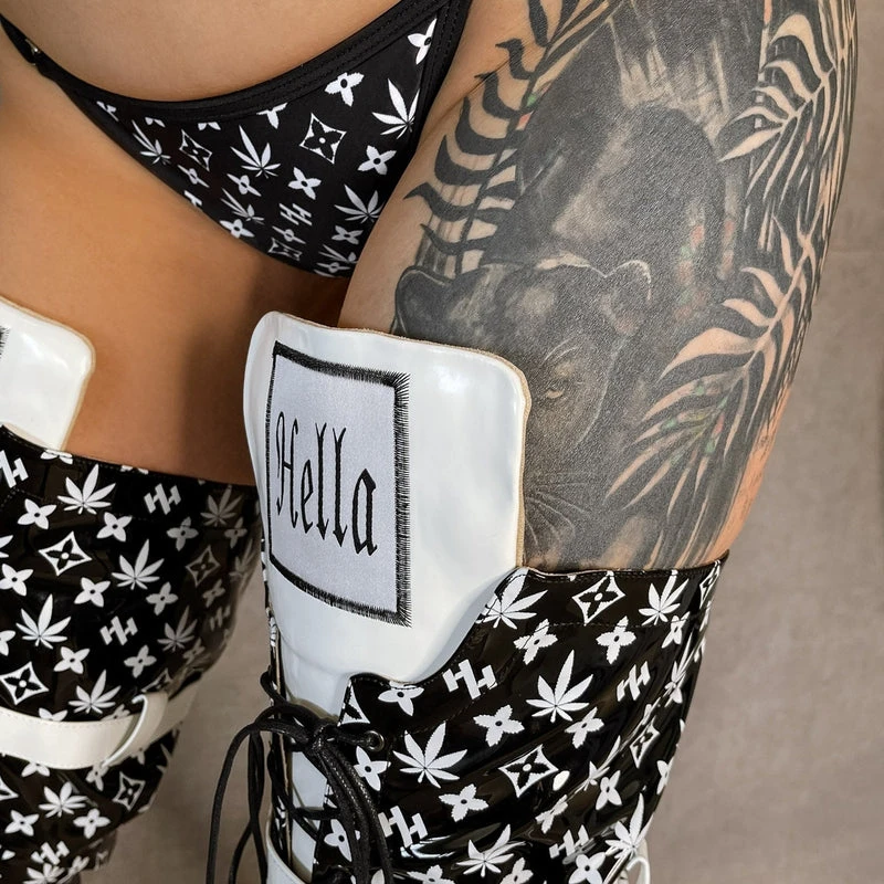 Hella Heels Branded Thigh High 8inch Boots - Black - Image 12