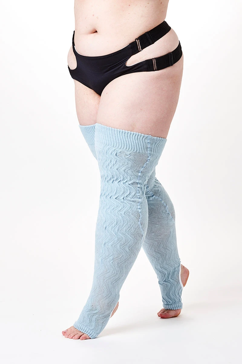 Rolling Cable Knit Thigh High Leg Warmers With Stirrups - Ocean - Image 2